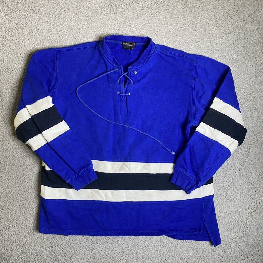 J Peterman Company Hockey Sweater Mens XL Blue White Striped Pullover 1935